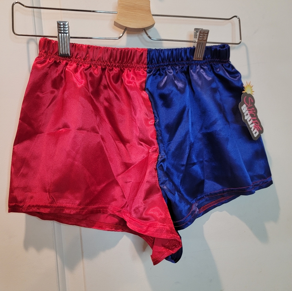 Juniors' Suicide Squad Harley Quinn Red and Blue Satin Shorts MANY SIZES